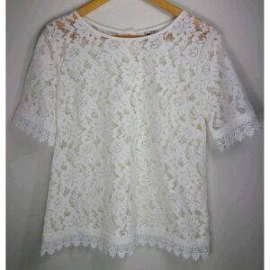 Kut from the Kloth White Floral Lace Blouse Size Women M Snap Up Back Scalloped